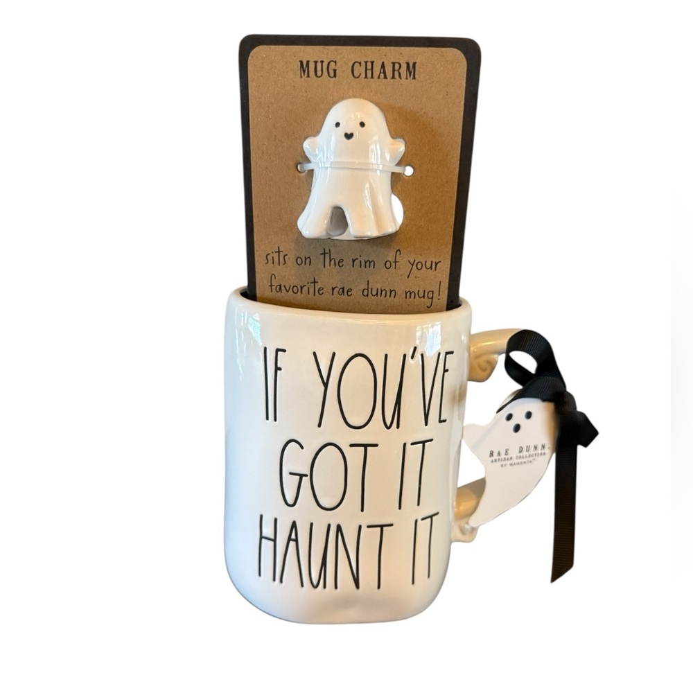 New Rae Dunn Ghost Halloween White Mug with Ghost‎ Charm CUTE!👻
